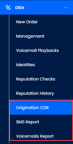 Screenshot of the DIDs section: report options