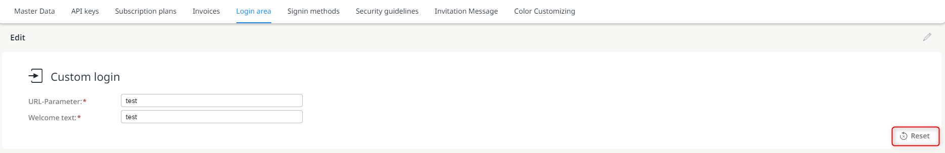 Deleting an individual login area using the "Reset" button