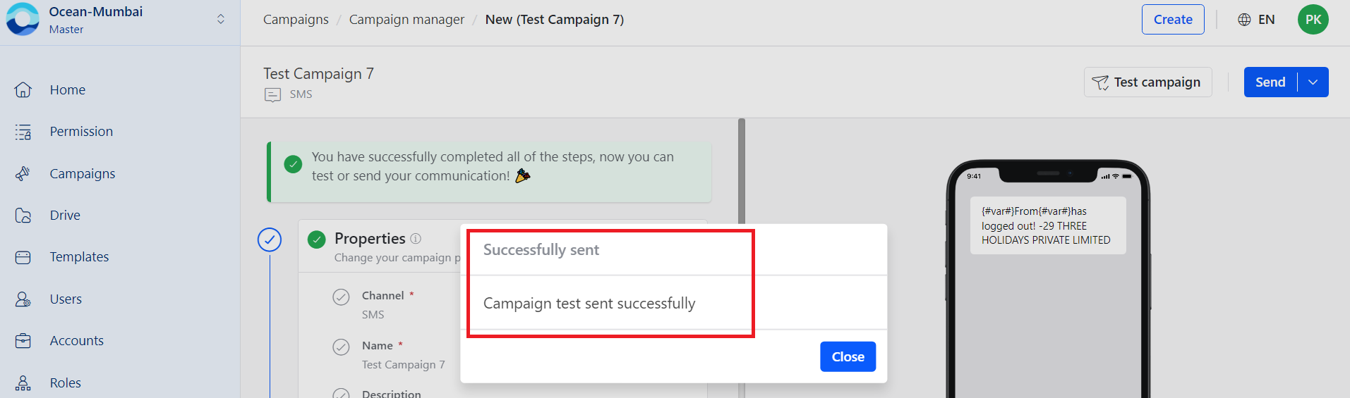 SMS test campaign success confirmation