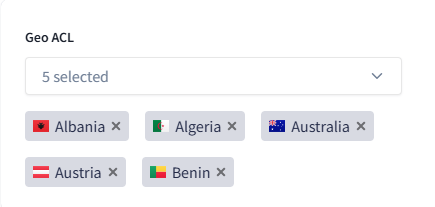 Screenshot of the countries selected for Geo ACL