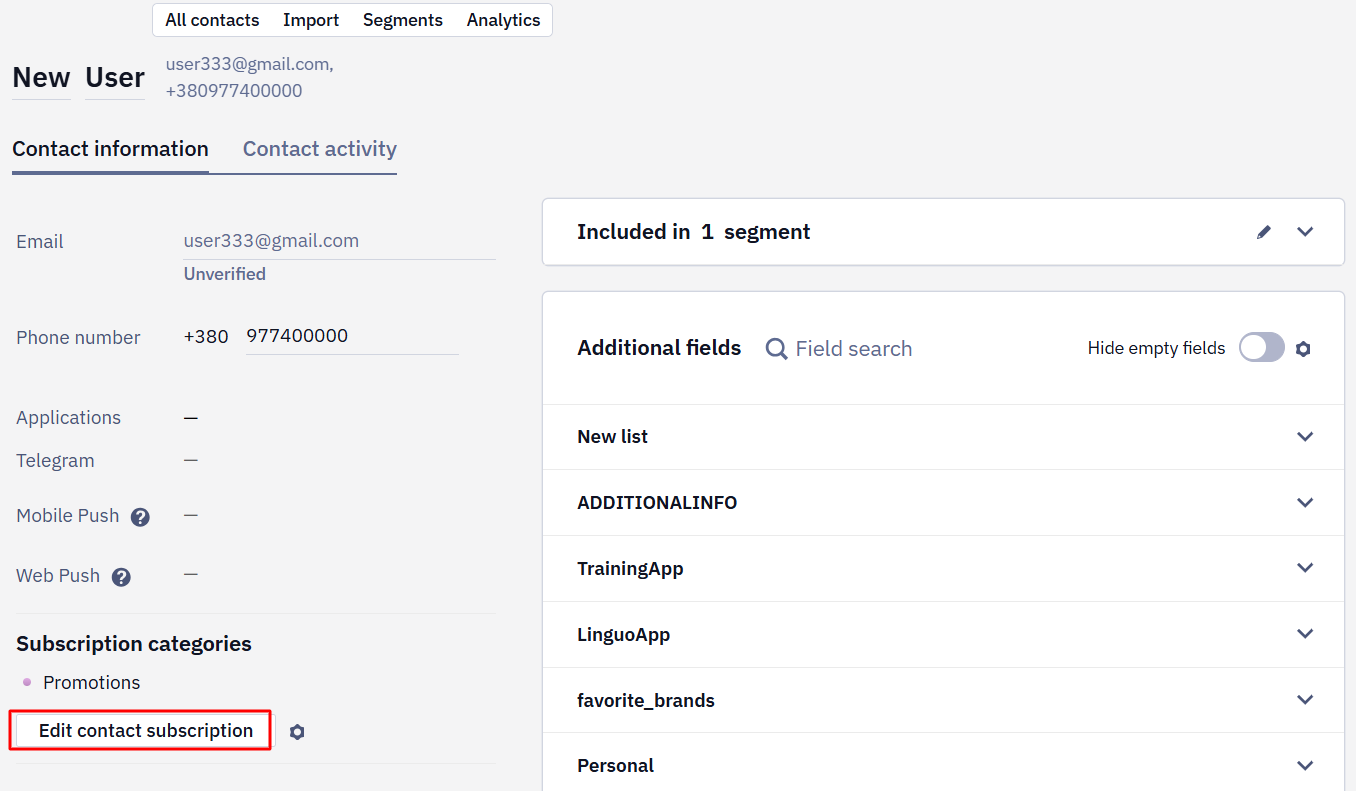 Edit contact subscription