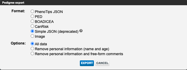 A screenshot of PhenoTips' pedigree export options. Under format options include "PhenoTips JSON", "PED", "BOADICEA", "CanRisk", "Simple JSON (deprecated)" which is selected, and "image". Another menu has "Options" including "All data", "Remove personal information (name and age)", and "Remove personal information and free-form comments".