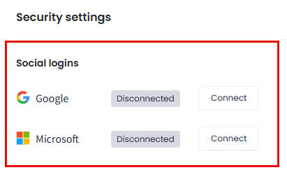 Screenshot of the Social logins section