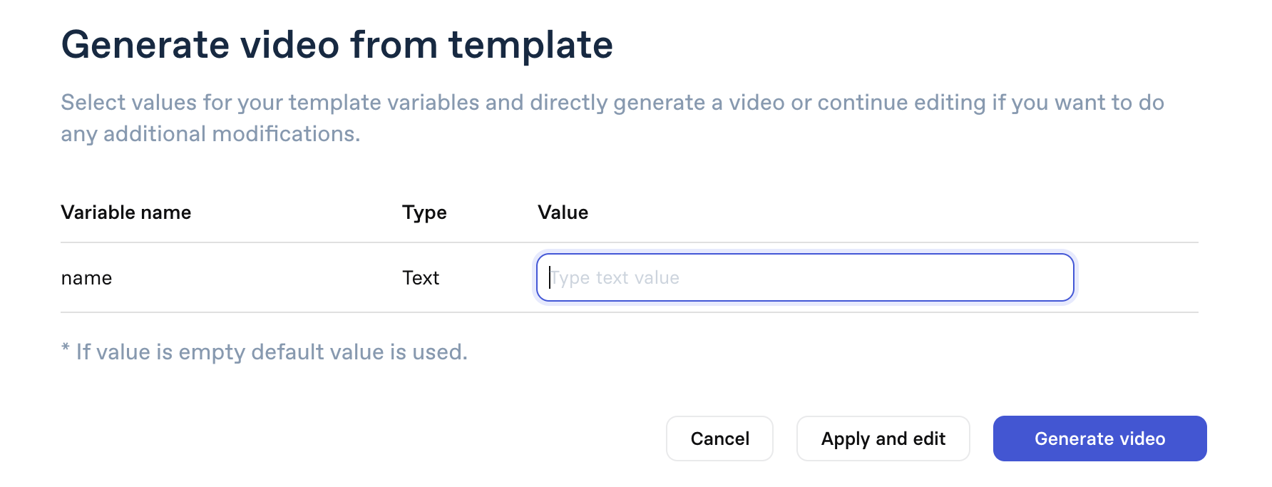 Entering variables name when generating a video from a template