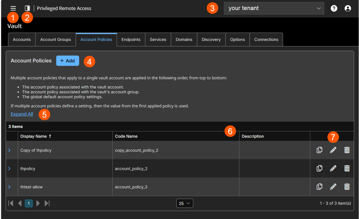 An image of the Vault interface showing the Account Policies section.