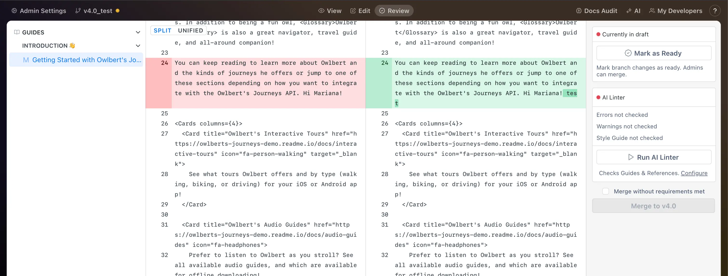 Review tab showing the diff between two pages line-by-line