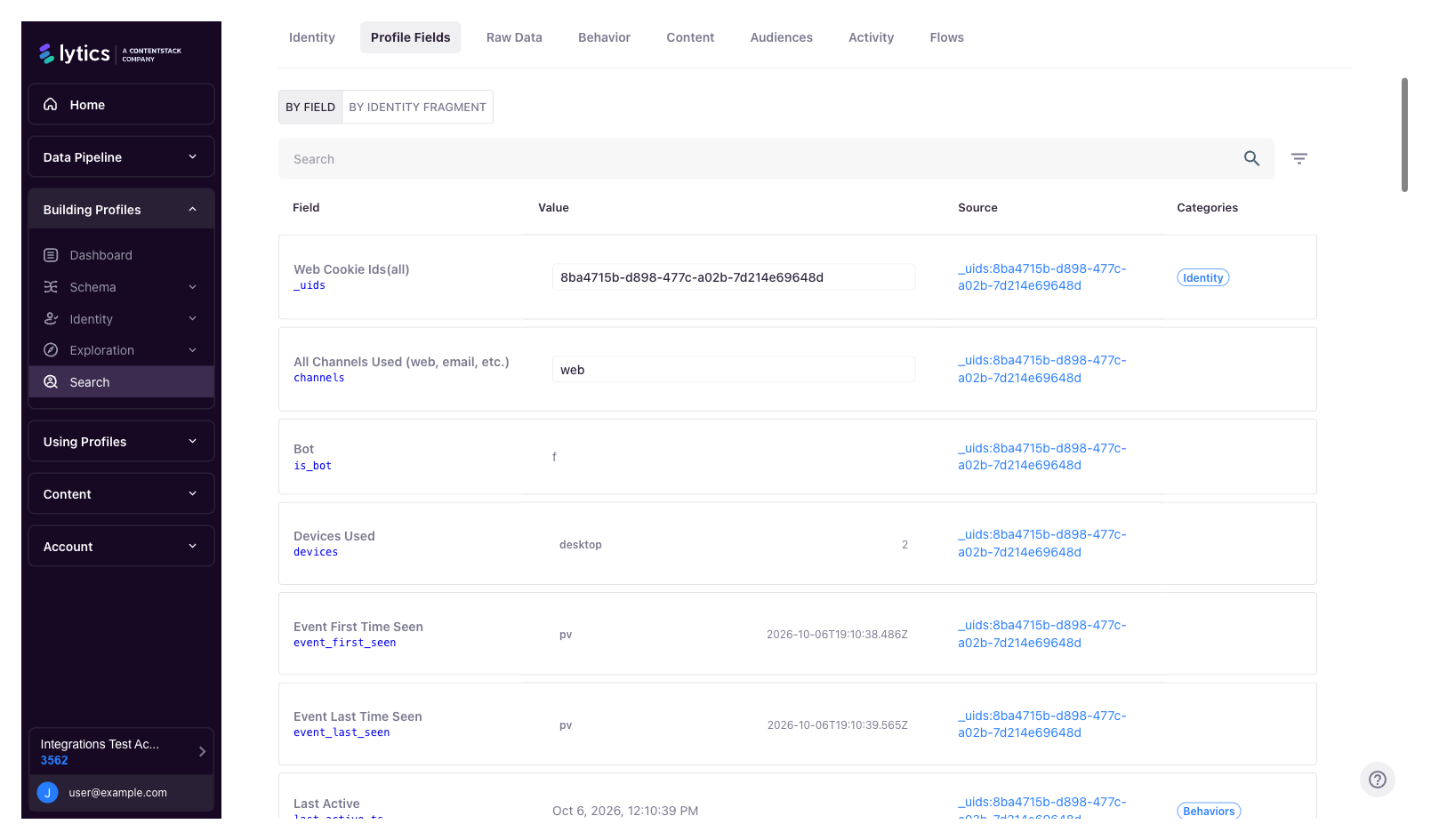 Profile Fields tab showing the Source column and the By field / By identity fragment toggle