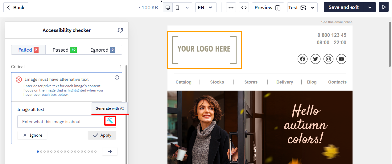 Image alt text card with the Generate with AI button highlighted