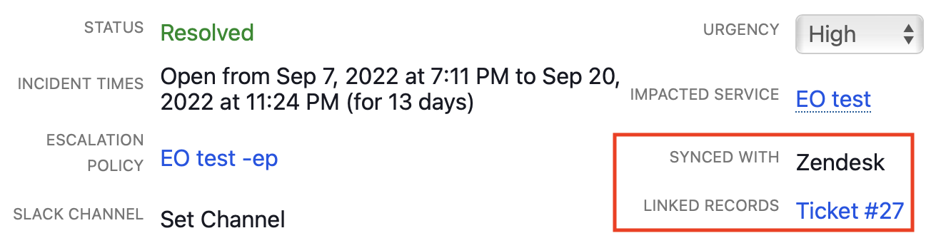 A screenshot of the PagerDuty UI indicating a linked Zendesk ticket