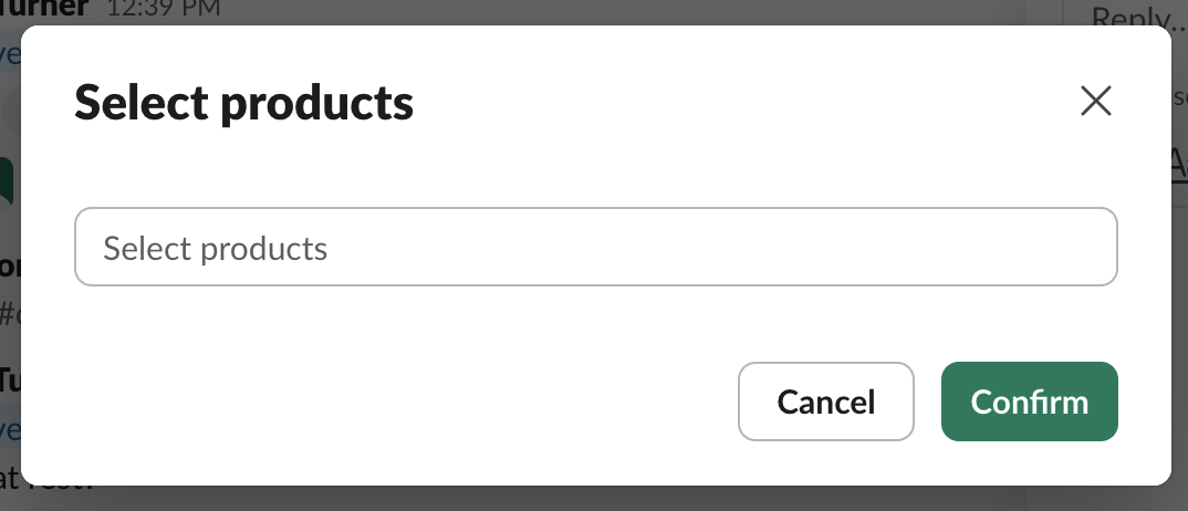 A Slack reply from the Conveyor app reading 'I'm happy to help! Quick question though - which products is this customer evaluating?' with a Select products button.