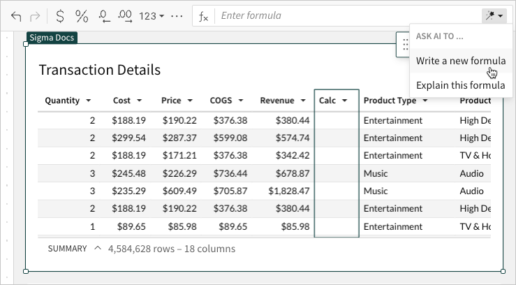 Table showing an empty column. Formula assistant menu displayed with cursor over the "Write a new formula" option.