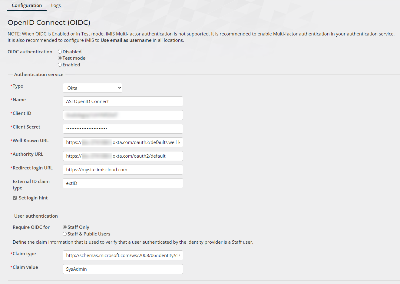 Viewing the OpenID Connect configuration page for Okta