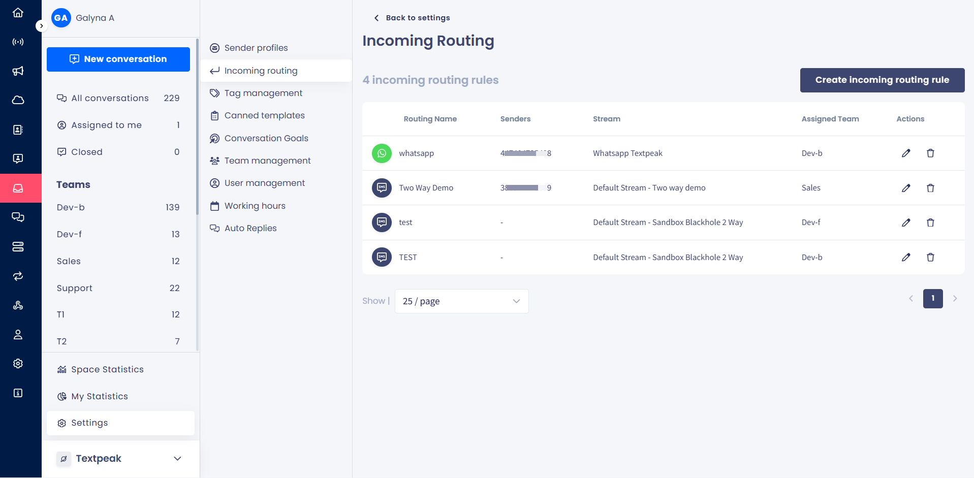A screenshot of the Inbox > Settings > Incoming Routing page