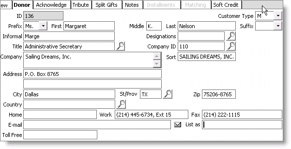 From Fundraising, select Enter and edit gifts, enter or open a gift or pledge, and select the Donor tab