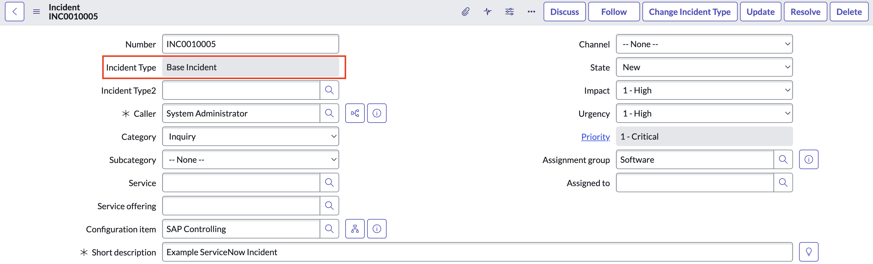 Incident Type on ServiceNow Incident Record