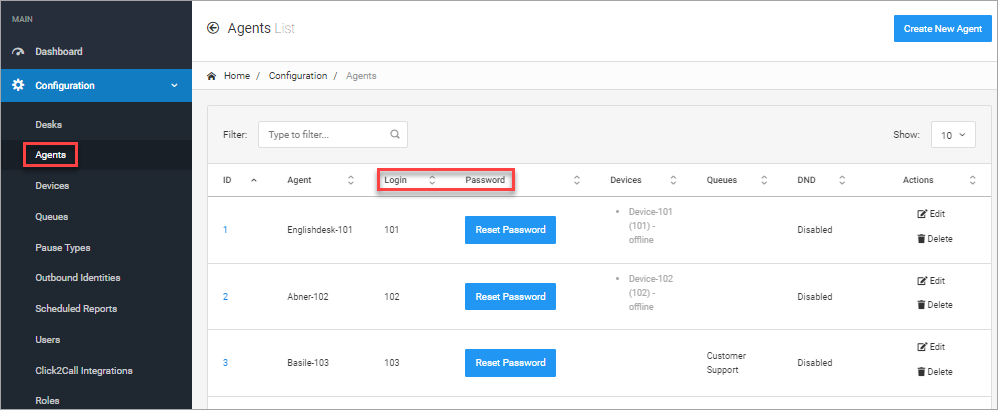 Screenshot of the **Configuration > Agents** tab: **Login** and **Password** columns