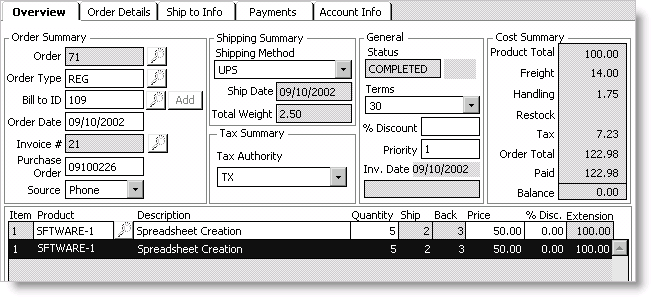 Example of a partially shipped order after invoicing. Note that the Extension price does not reflect the backordered products. Taxes were recalculated for the shipped products, and only the cash relevant to the shipped total is applicable for the order.