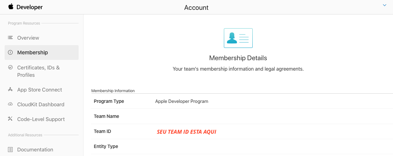 3\. O "Team Id" pode ser encontrado acessando a sua conta de desenvolvedor da Apple, na sessão "Membership details", conforme mostrado na imagem acima.