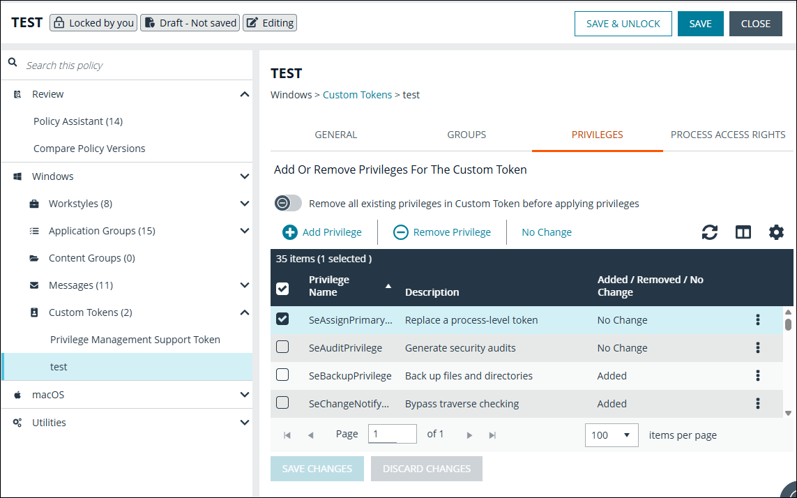 Custom token settings for the Privileges tab in EPM Policy Editor.