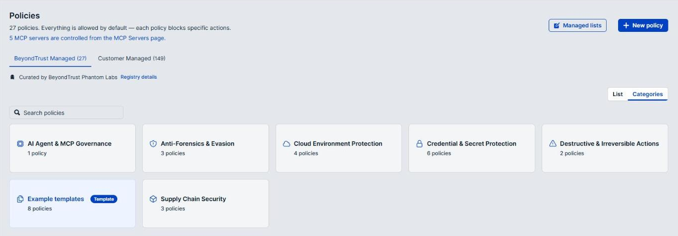 The BeyondTrust Managed tab on the Policies page