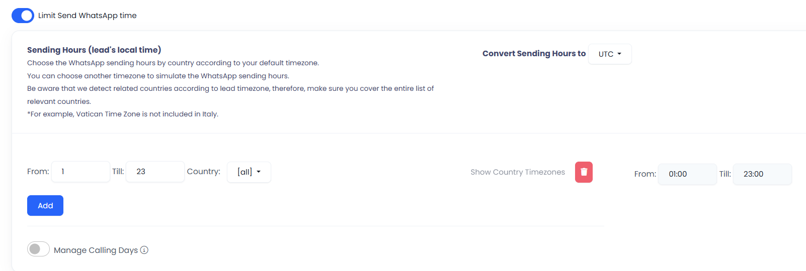 Sending Hours Settings
