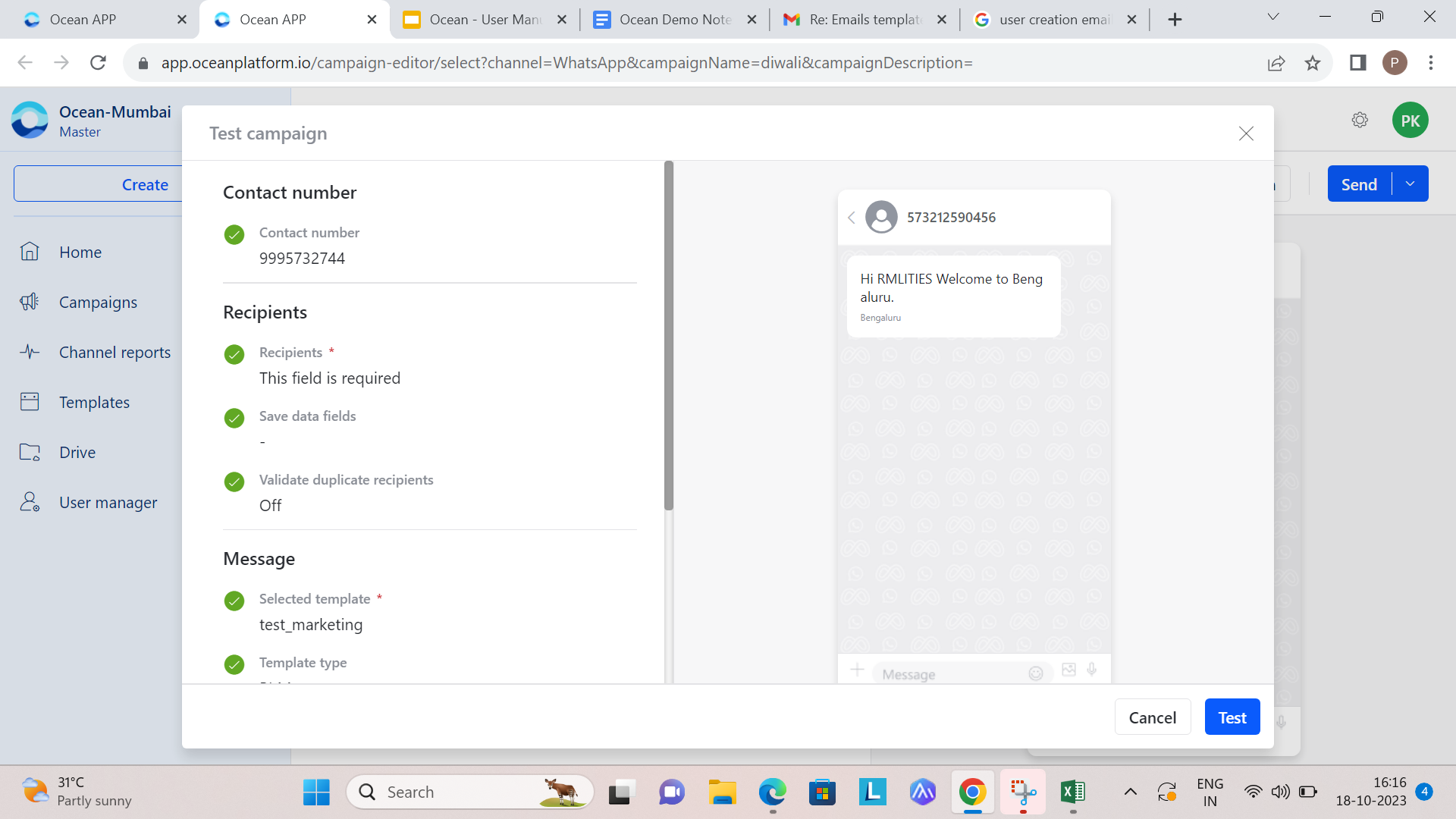 WhatsApp test campaign contact entry