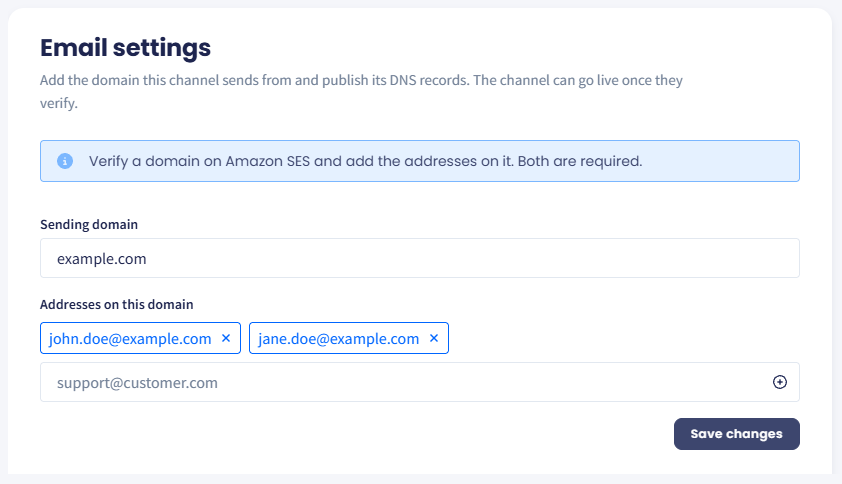 Screenshot of the Email settings section showing the sending domain field and two addresses on that domain