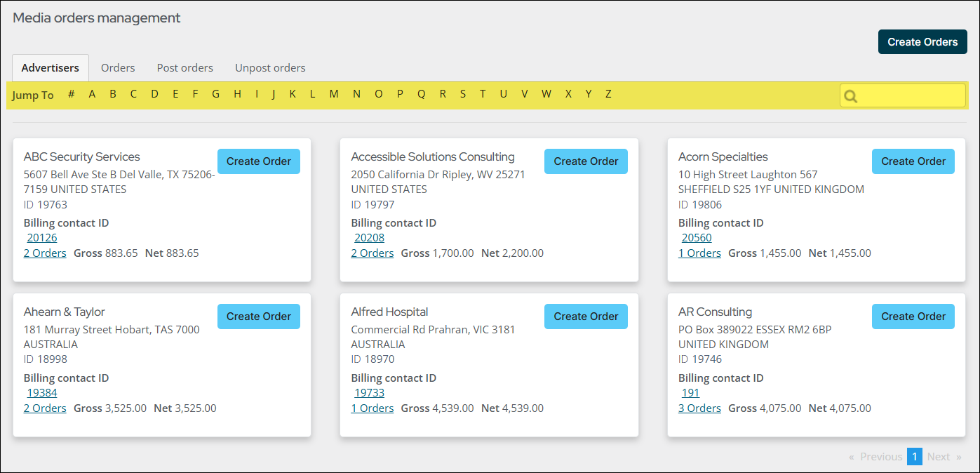 A highlight showing the Jump To letters, and an arrow pointing to the orders link.
