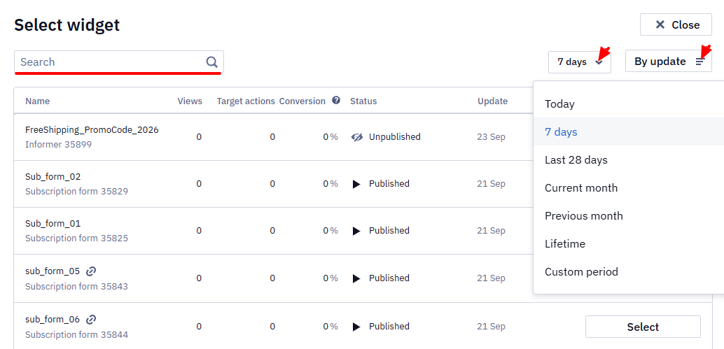 Select widget window with the search box, and the 7 days filter and By update sort controls highlighted
