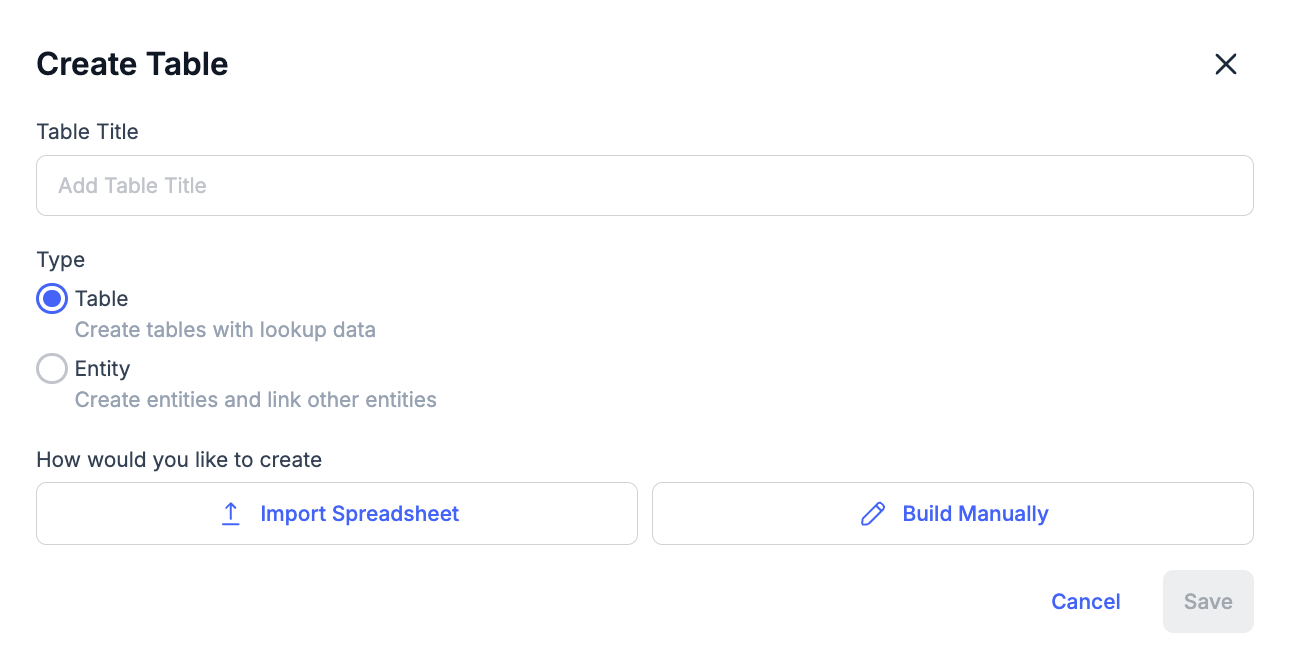 Create Table modal