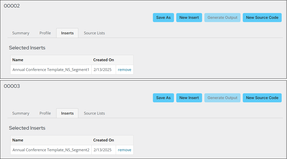 The Inserts tab of the 00012 source code displays the "Annual Conference Template_NS_Segment1" insert. The Inserts tab of the 00013 source code displays the "Annual Conference Template_NS_Segment2" insert.