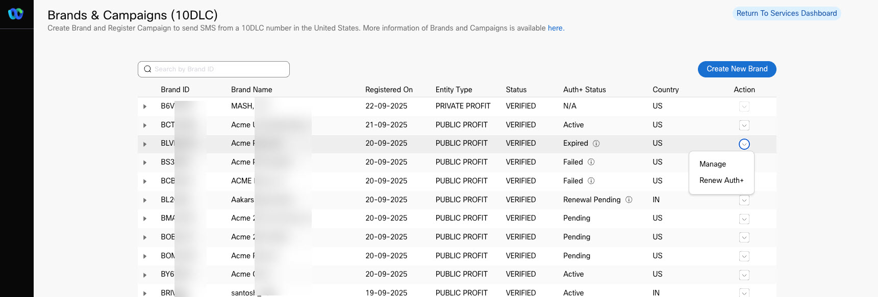 Screenshot of Brand Listing page with Renew Auth+ option for a Expired Auth+ Status record.