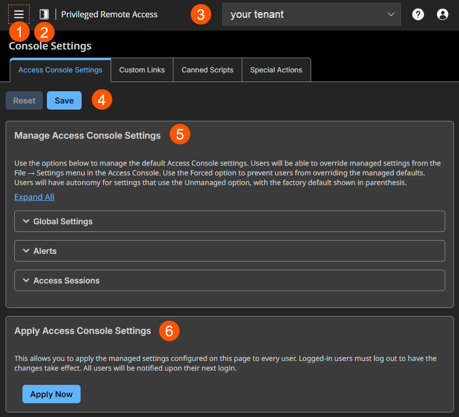 BeyondTrust Privileged Remote Access interface showing the 'Console Settings' page. The 'Access Console Settings' tab is selected, with other tabs including Custom Links, Canned Scripts, and Special Actions. The page features 'Reset' and 'Save' buttons, and a section titled 'Manage Access Console Settings' with expandable options for Global Settings, Alerts, and Access Sessions.