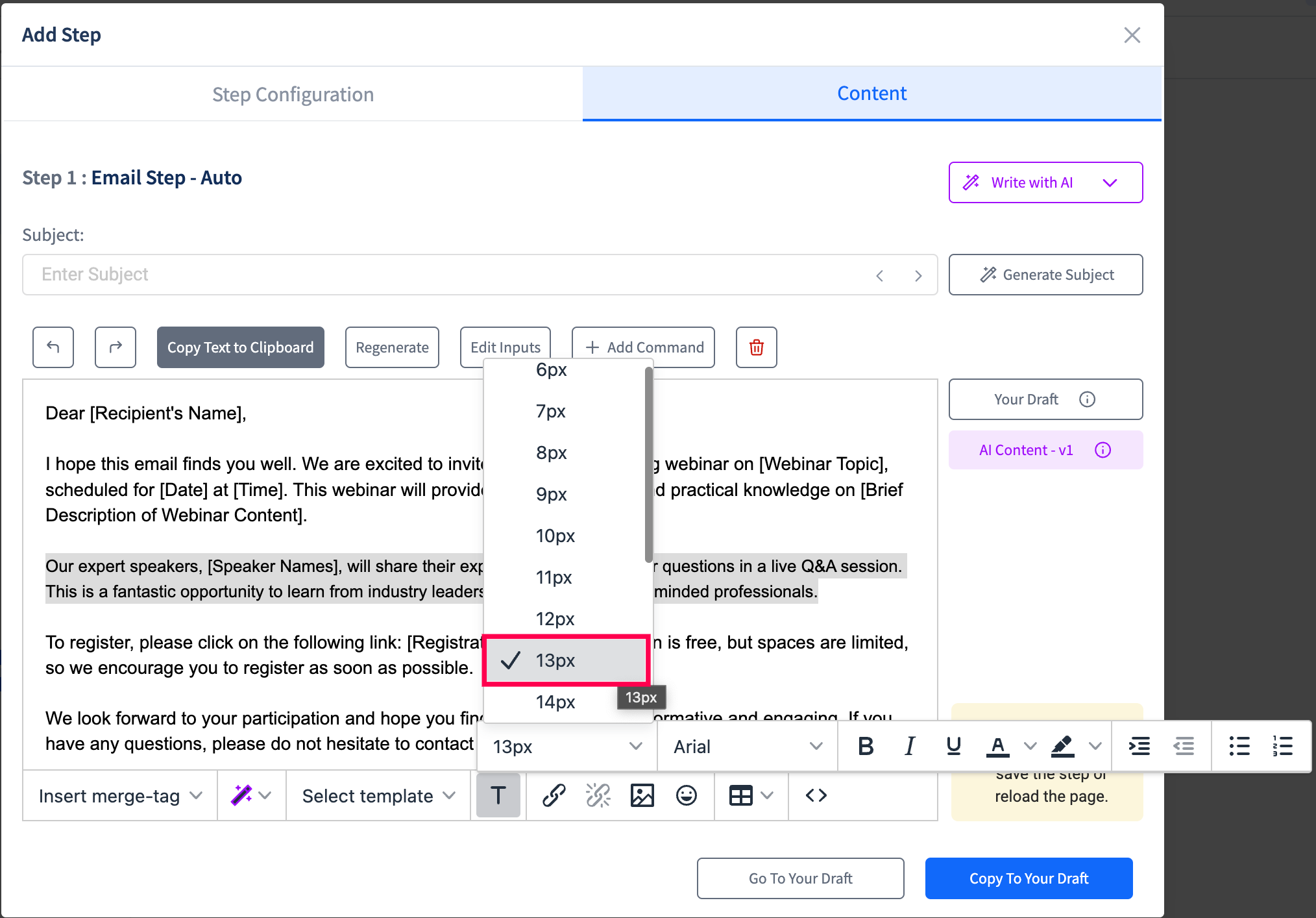 Email formatting options - how to change font style and size in SmartReach