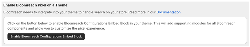Shopify Pixel page showing the Enable Bloomreach Configurations Embed Block button for activating the Discovery pixel.
