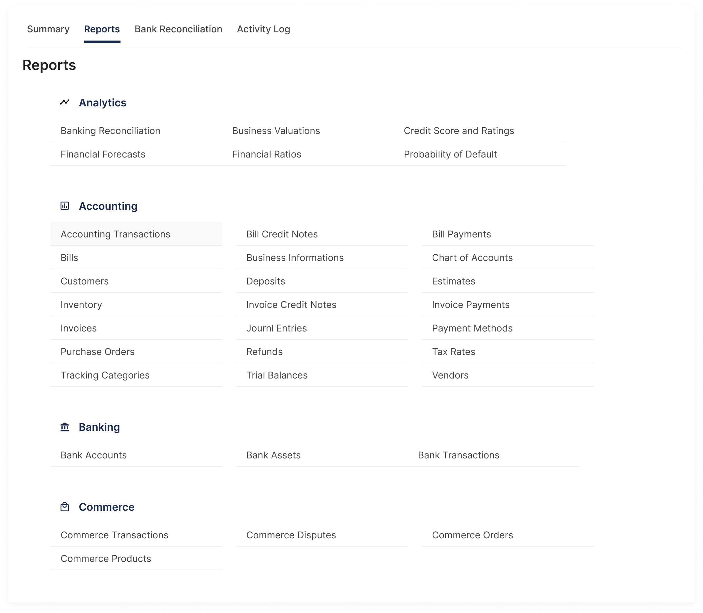 Railz Dashboard - View Reports. Click to Expand.