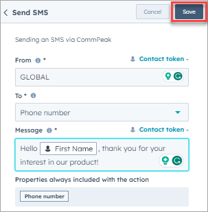 Screenshot of the screen with saving **Send SMS** event