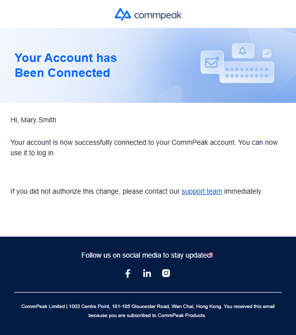Screenshot of the Your account has been connected email