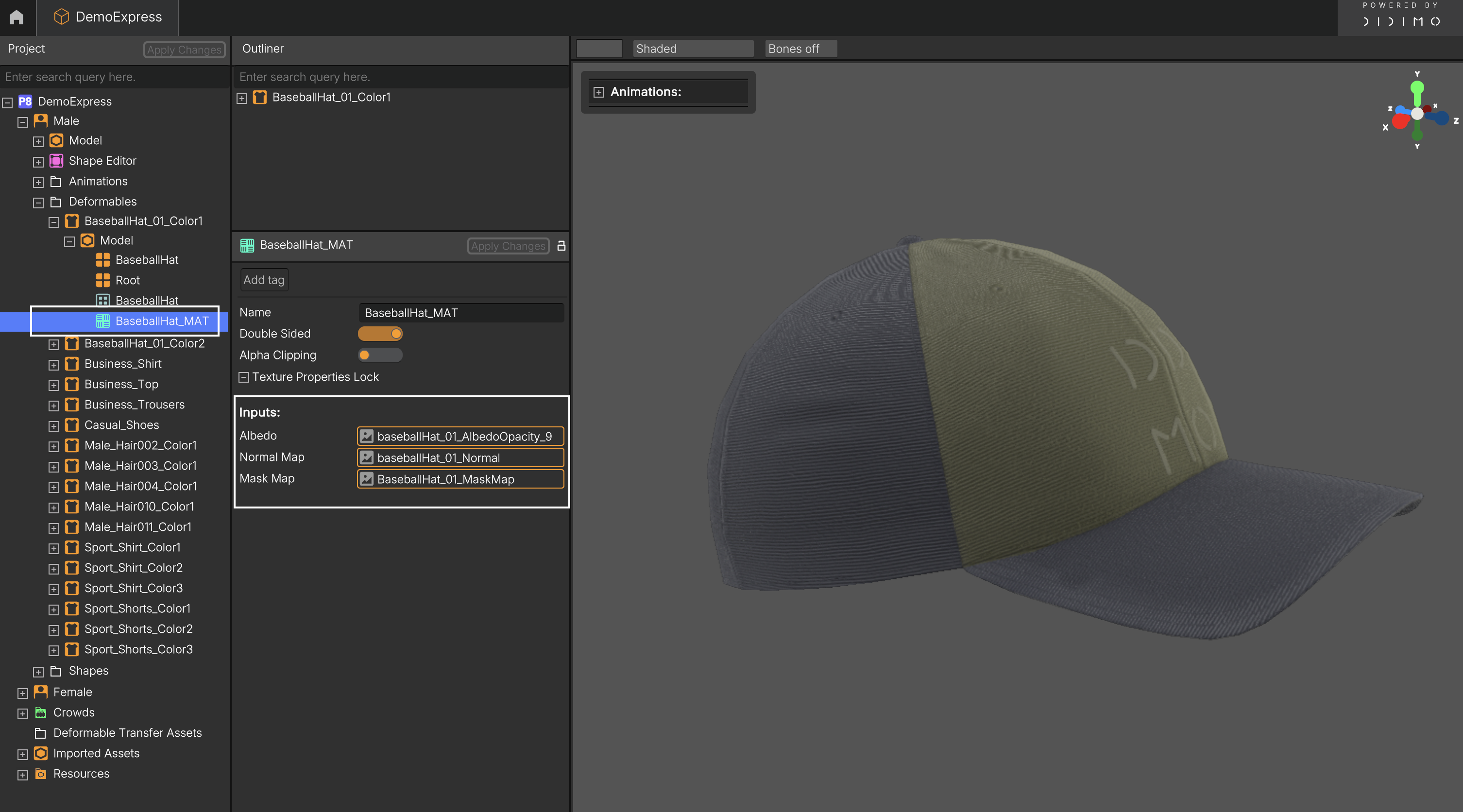Example of a material assigned to a Deformable with linked texture maps in the DemoExpress project.