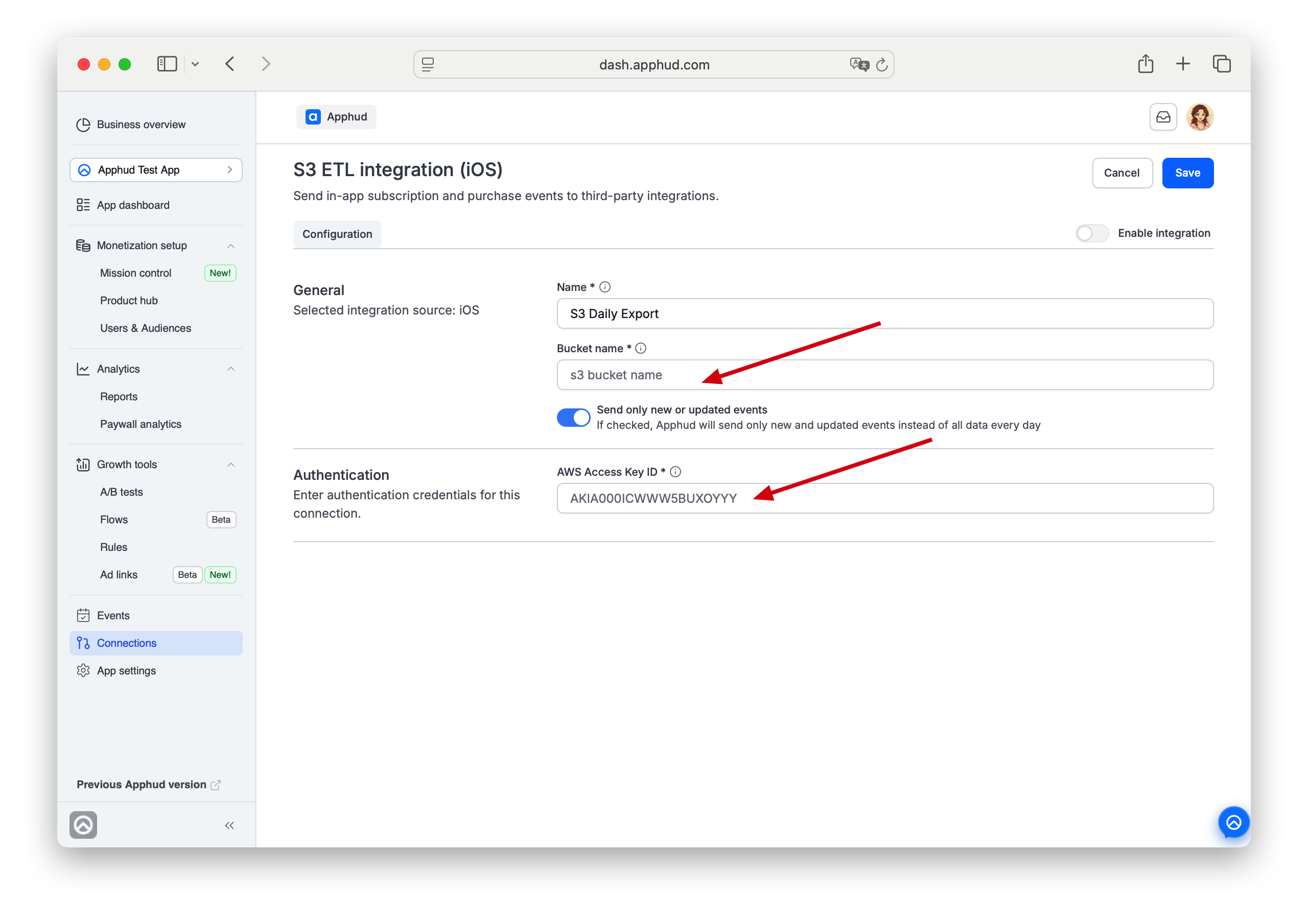 Apphud - Amazon S3 connection configuration