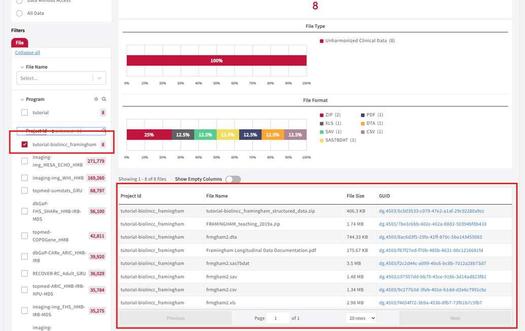 Project ID: tutorial-biolincc_framingham with 8 files selected
