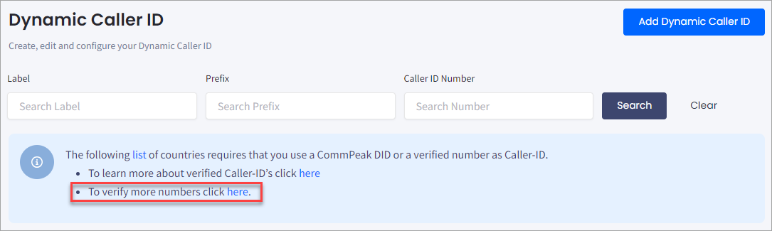 Screenshot of the **VoIP Services > Dynamic Caller ID** tab