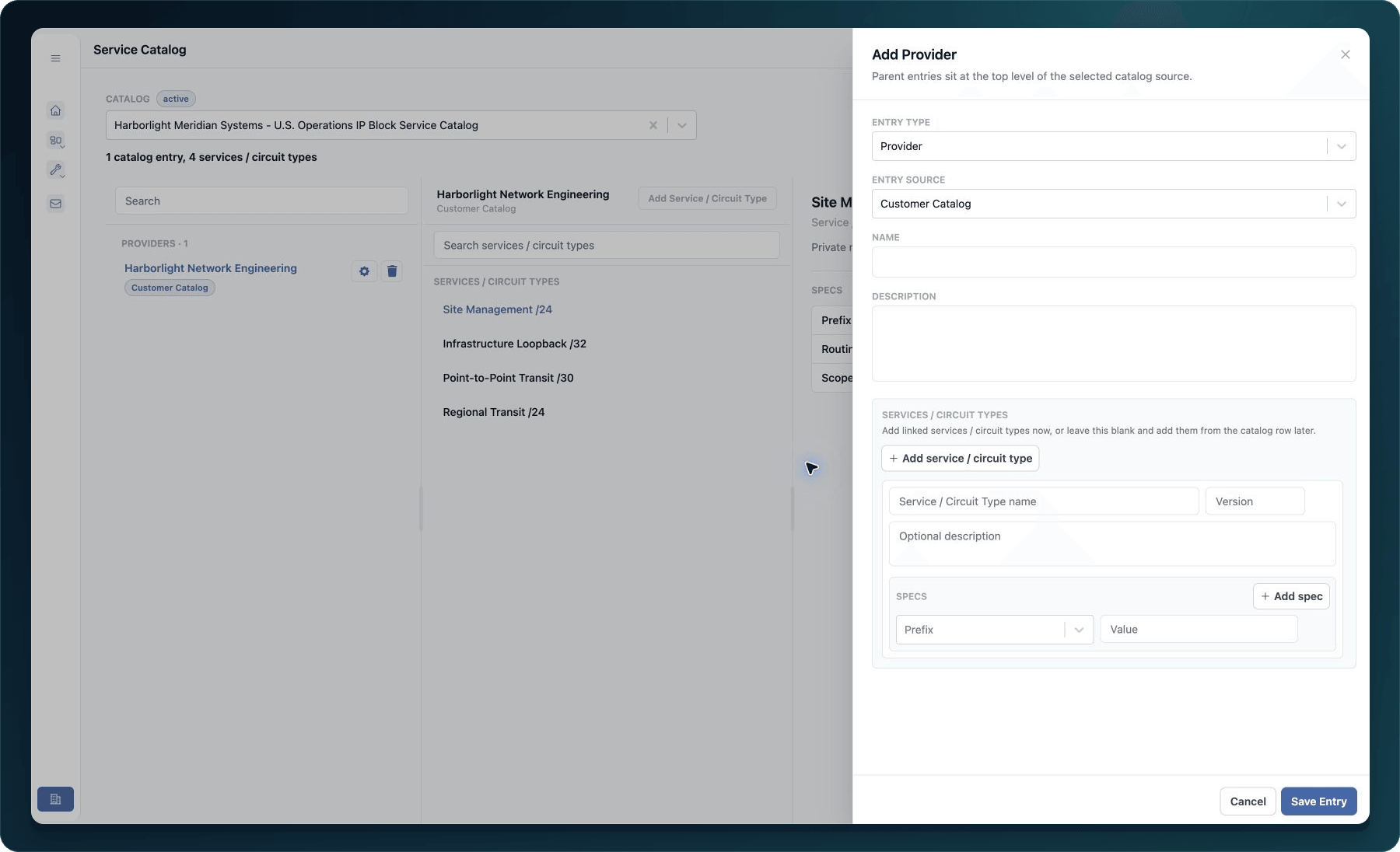 Add Provider form showing entry type, source, name, description, linked service type, version, and specifications.