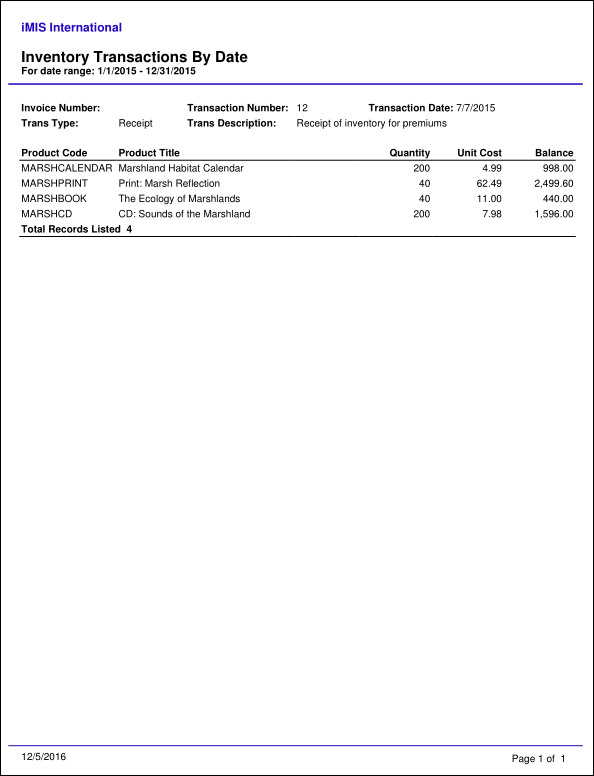 Viewing the Inventory Transactions By Date report example