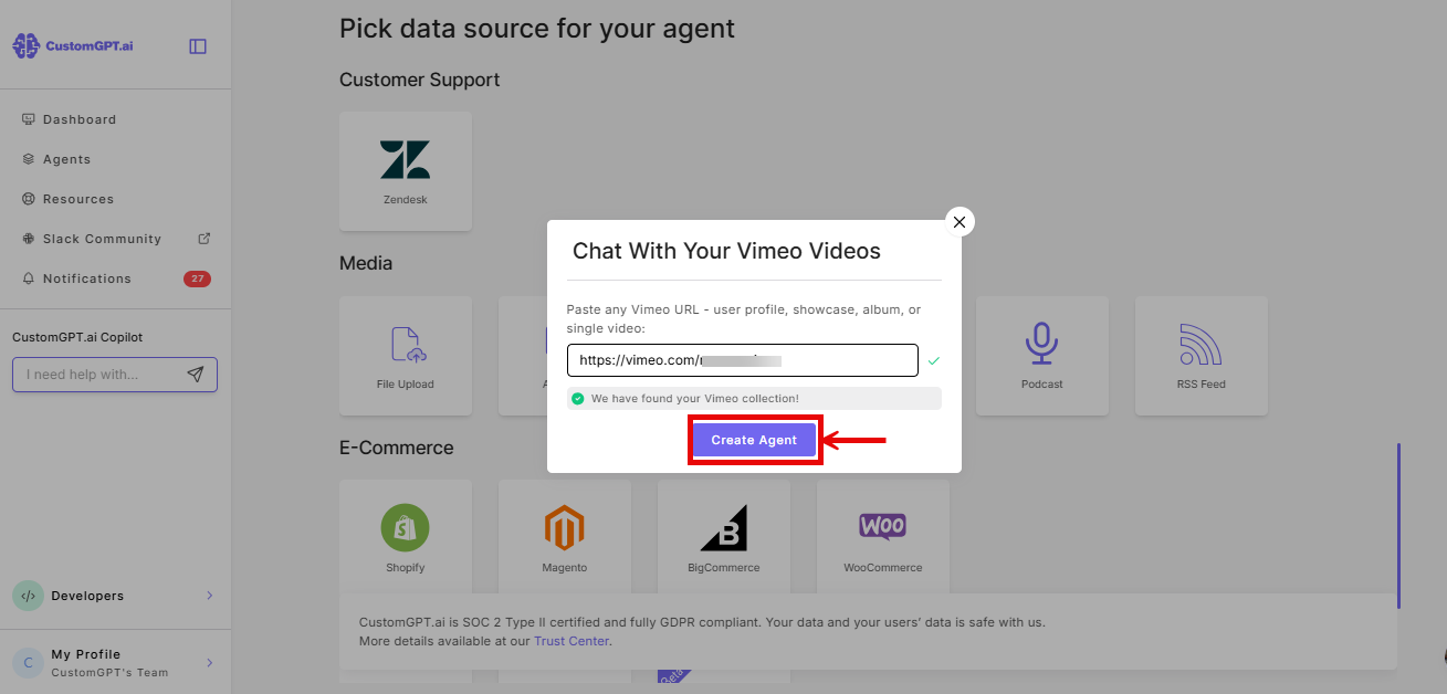 Create agent button on the chat with your Vimeo videos pop-up