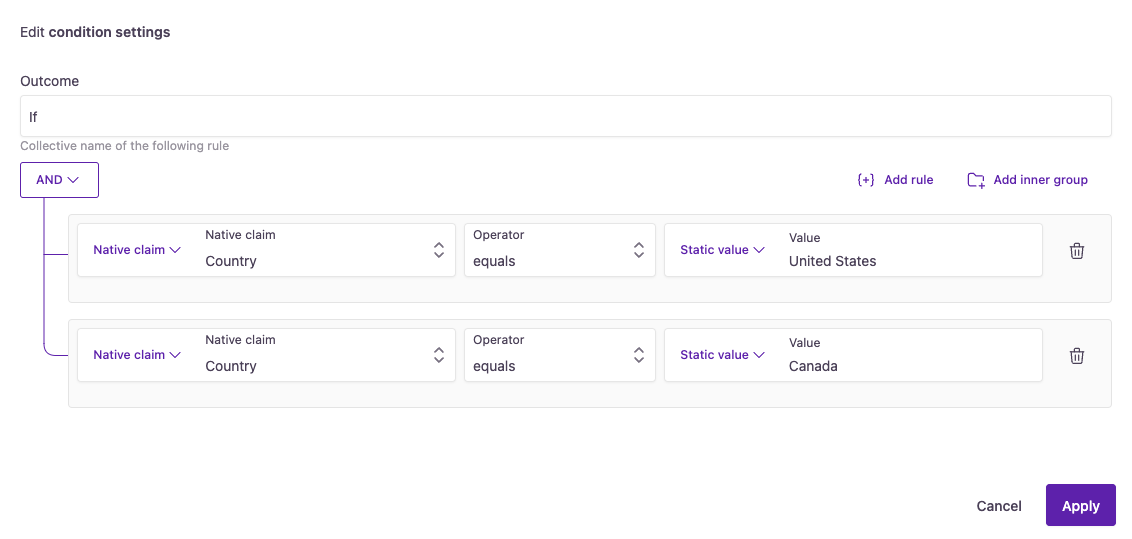 In this example, the condition is fulfilled if the customer enters the 'United States' or 'Canada' values for the native claim 'Country'.