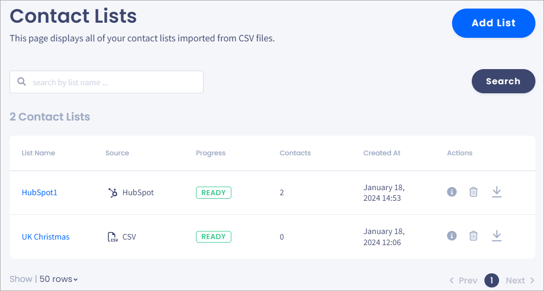 Screenshot of the **Contact Lists** page