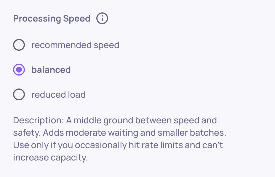 Changing the processing speed on the Workspace Settings screen