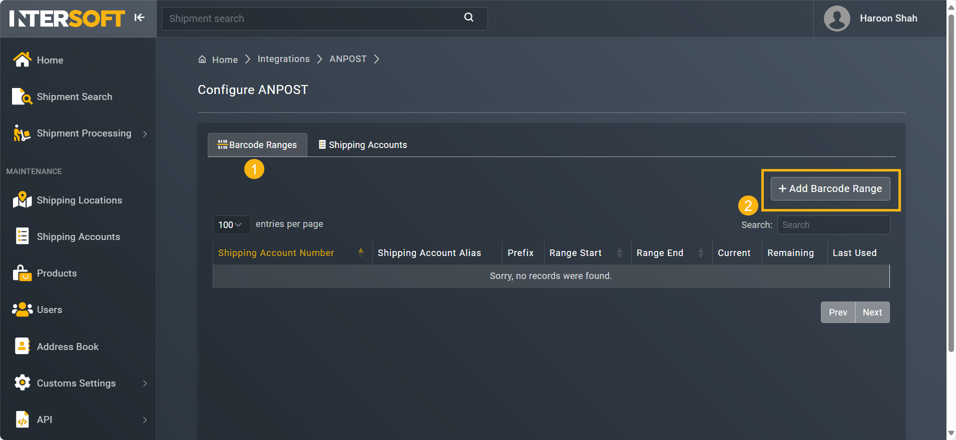 Accessing option to add barcode range