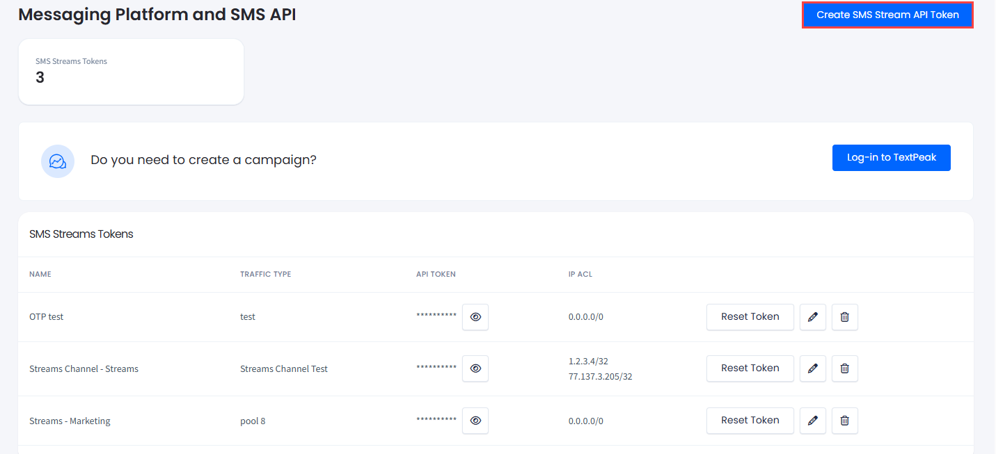 Screenshot of the Create SMS Stream API Token button